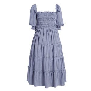 Hill House Home Nesli sleeved midi tiered nap dress navy blue micro gingham XS